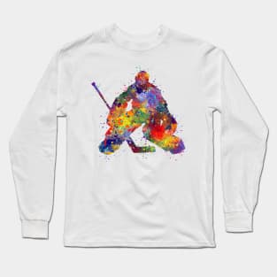 Ice Hockey Goalie Boy Watercolor Silhouette Long Sleeve T-Shirt